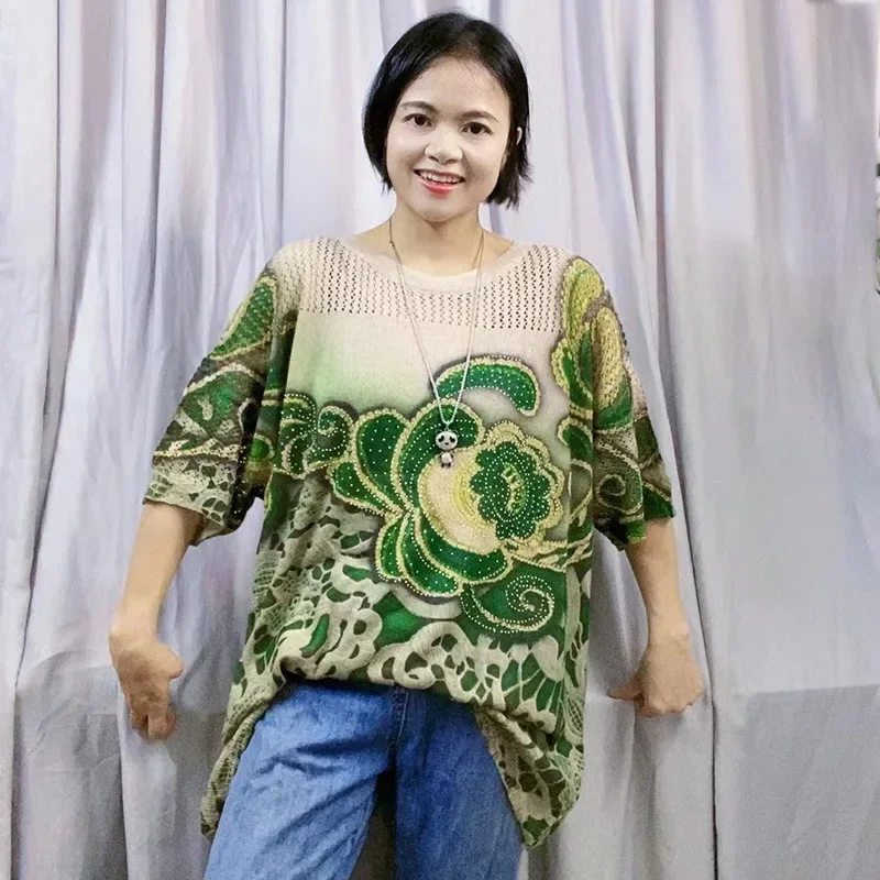 Новый летний льняной вязаный топ с винтажным принтом и стразами свободный крой