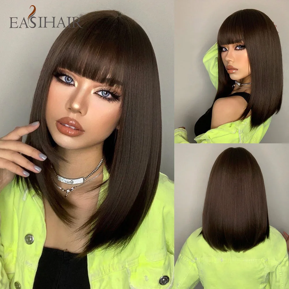 

EASIHAIR Dark Brown Synthetic Wigs Medium Length Stright with Bangs Bob Wigs for Women Daily Natural Hair Wigs Heat Resistant