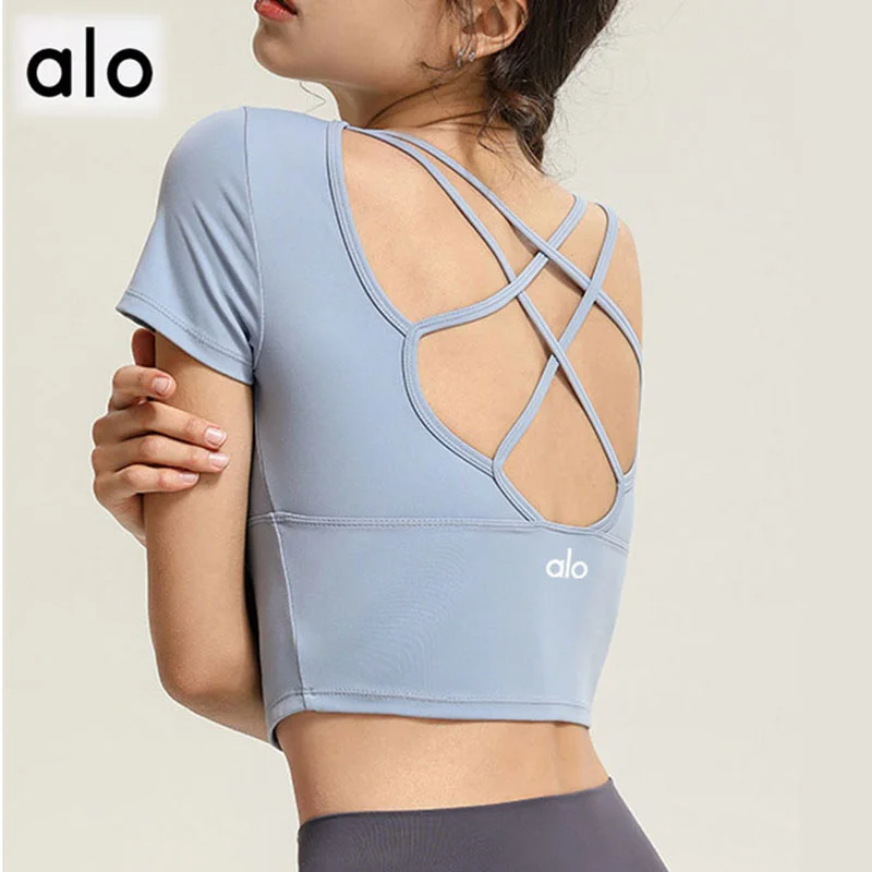 

Alo Yoga Women Fitness T-Shirts Bulit in Bra Crop Tops Tank Sports Tee With Padded Activewear Sportswear Workout Gym Clothing