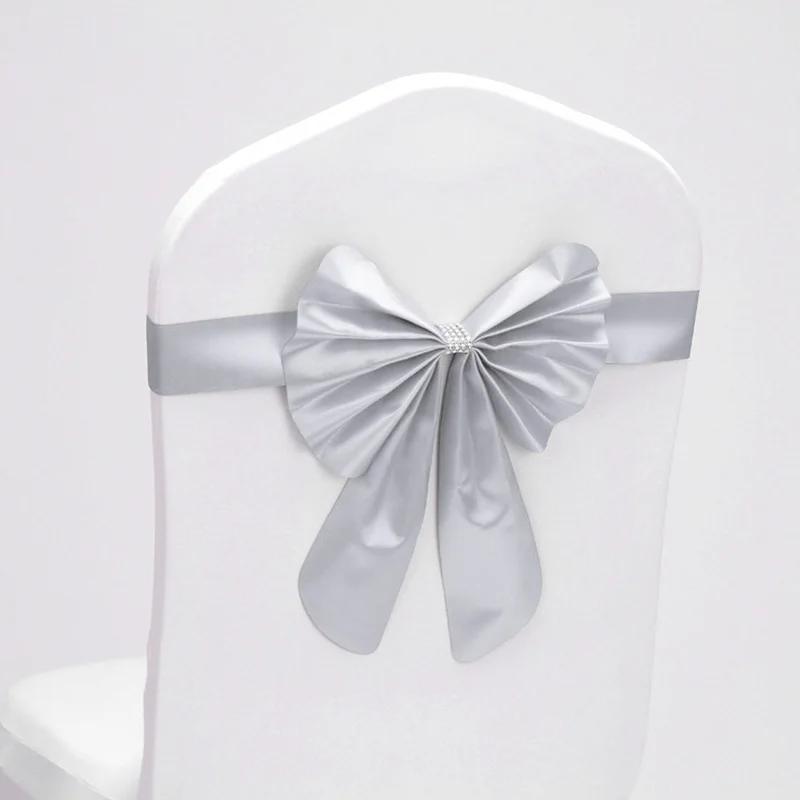 

Solid Colors Banquet Bowknot Polyester Chair Sashes Band Rhinestone Tie Satin Chair Bandage Cute Wedding Party Elastic Decor