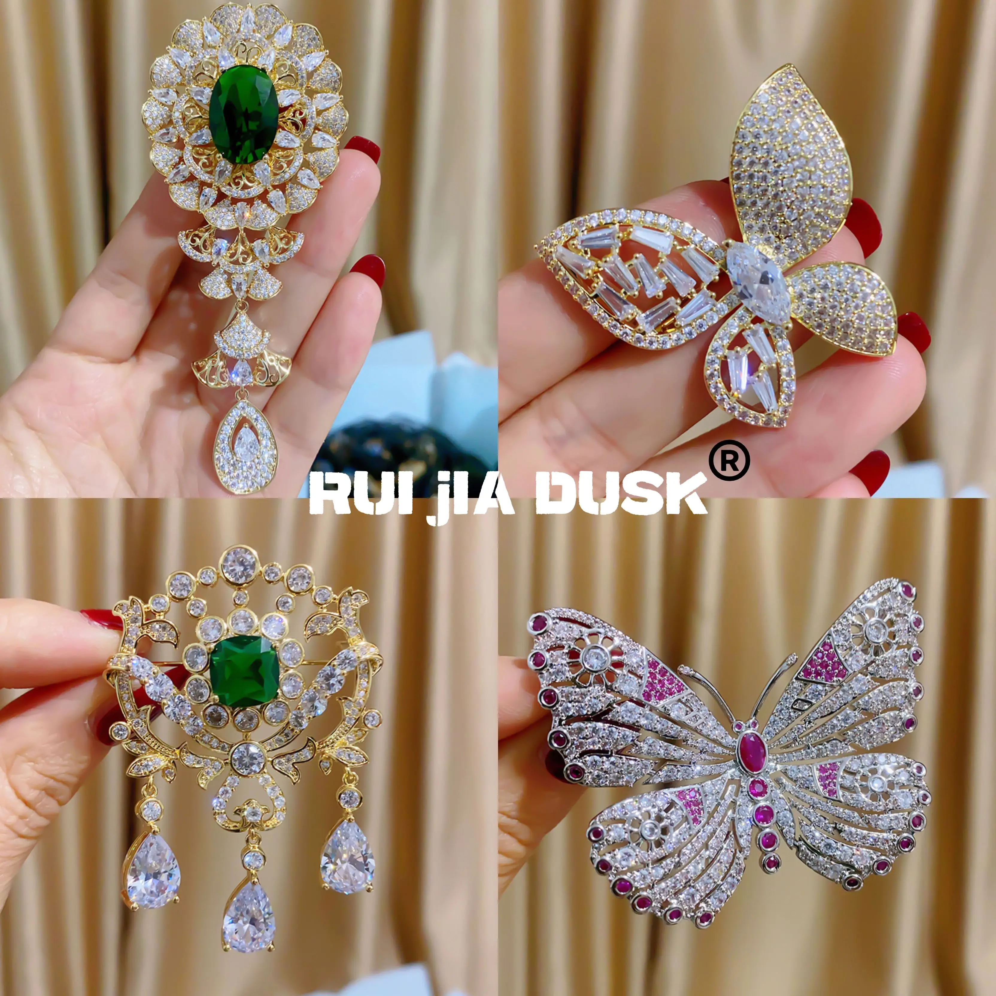 

RUI jIA DUSK European and American Light Luxury Full Of Diamond Hollow Butterfly Brooch Elegant Red Corundum Vintage Jewelry