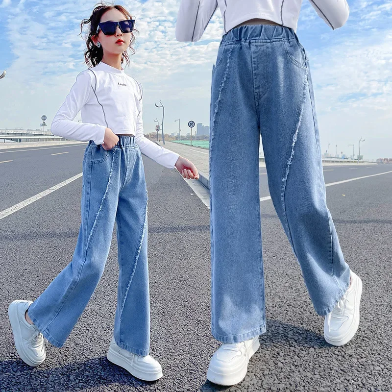

Girls Jeans Kids Straight-Leg Pants Stitching Edging Wide-Leg Jeans Girls Fashionable Clothes Elastic Waist Jeans 7-12y 4-6y