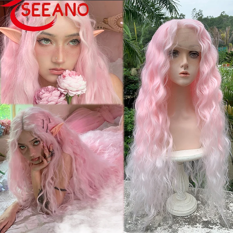 

SEEANO Synthetic Middle T Part Lace Front Wig Long Curly Pink Blonde Cosplay Wig Daily Party Halloween Lolita Lace Wig Female