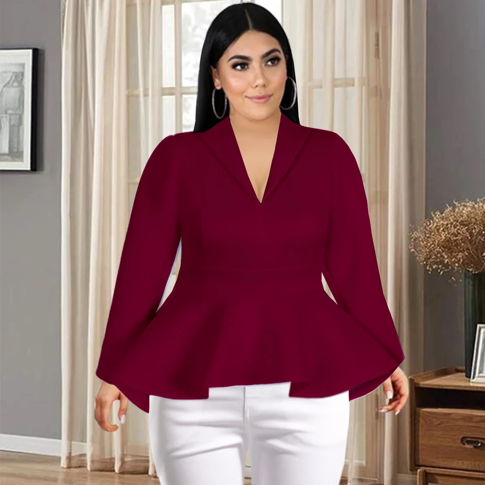 

Plus Size Blouse V-Neck Long Sleeve High Waist Asymmetric Hem Elastic Versatile Xxxl Large Women's Shirt Tops