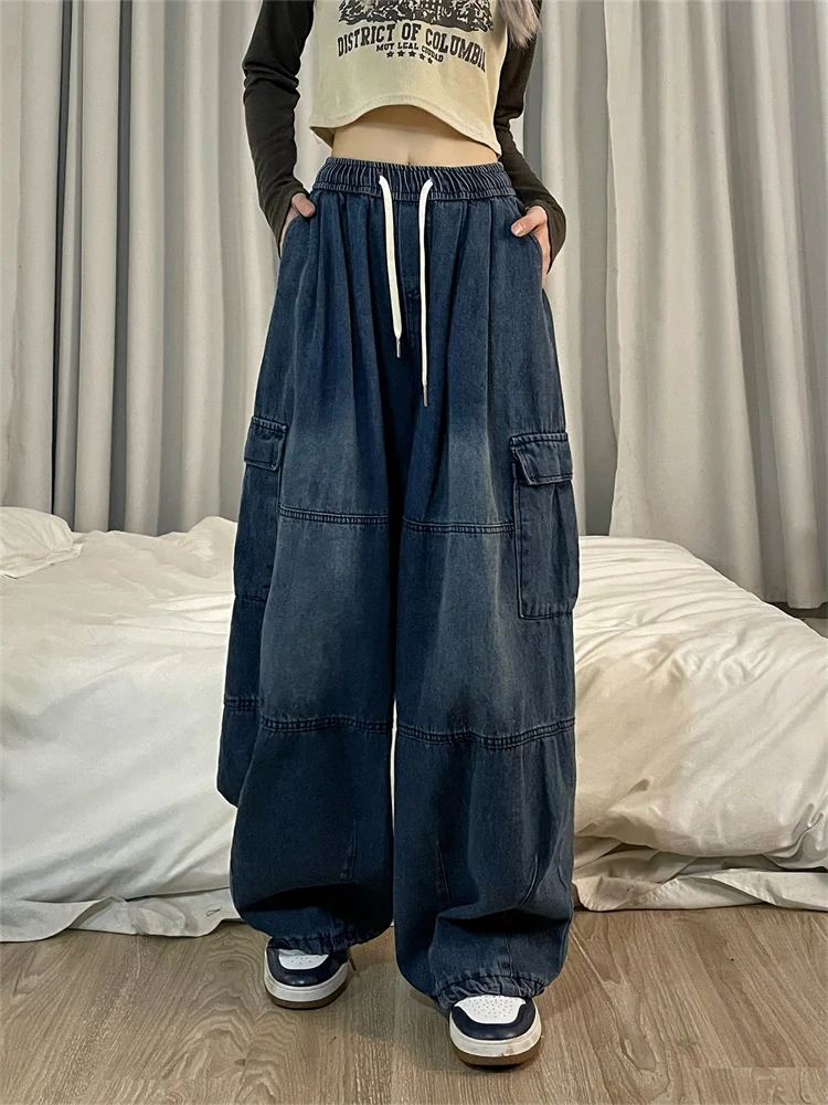 

Винтажные синие джинсы-карго в стиле Харадзюку, новинка 2023, модные женские черные мешковатые джинсовые брюки в стиле гранж Y2K, уличная одежда в стиле хип-хоп с широкими штанинами