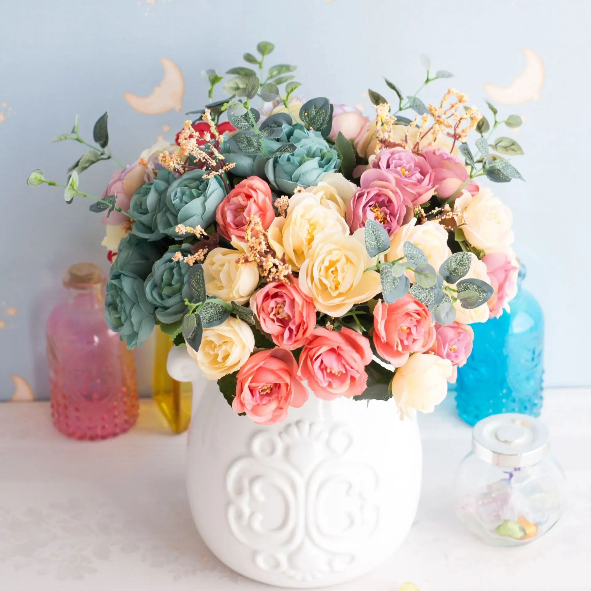 

European style simulation flowers with 10 heads of love roses, love tea buds, tea roses, artificial flowers, plastic flowers