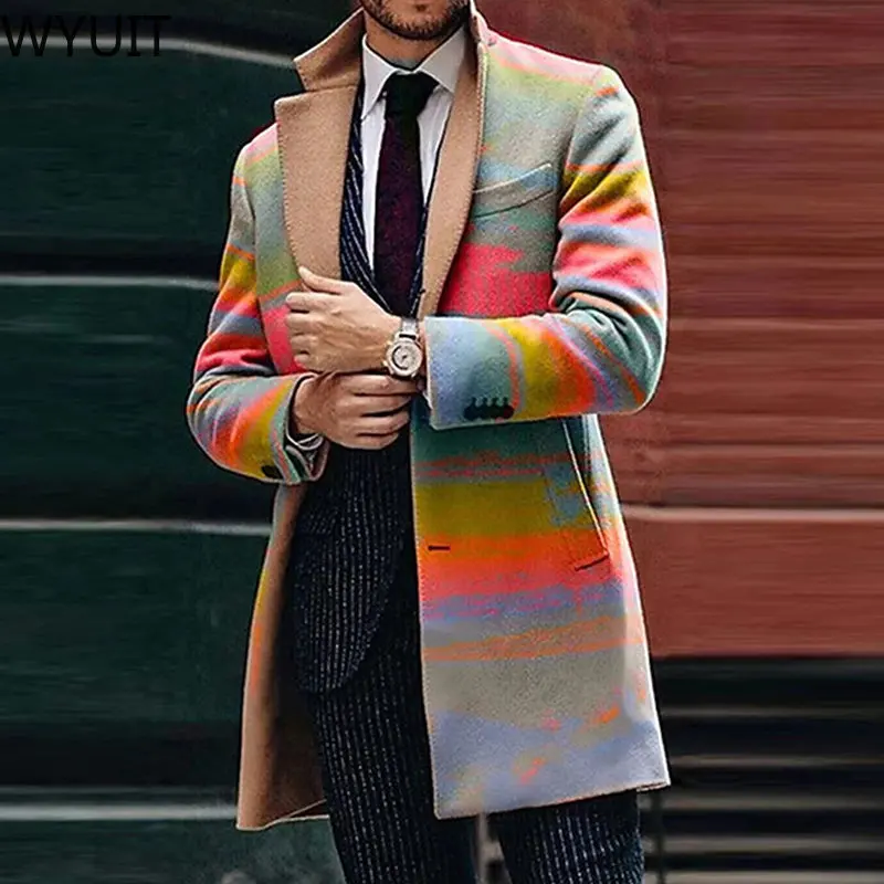 

Fashion Woolen Coats Men 2022 Fall Winter Casual Slim Long Sleeve Button Lapel Long Jackets Vintage Printed Overcoats Streetwear
