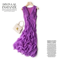 22 new fashion women clothing 8mm shell 100 silk dress purple white beach wear lady summer v neck loose casual
