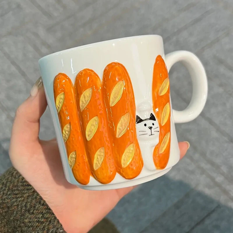 

Embossed Three-dimensional Toast Cat Mug Ceramic Kawaii Cup Stick Bread Relief Breakfast Cup for Coffee Mug Ceramic