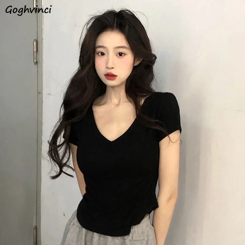 

Футболка женская с коротким рукавом, универсальная простая однотонная модная повседневная тонкая одежда в Корейском стиле для отдыха, на л...