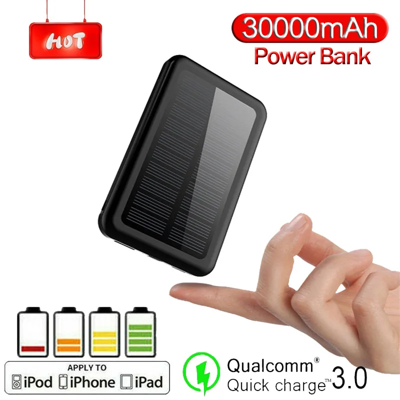 

30000mAh Waterproof Solar Power Bank Shockproof Mini Portable External Battery Powerbank With LED Flashlight Fast Charging