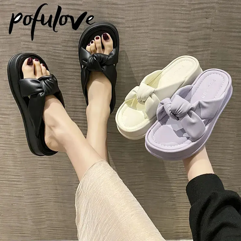 

Pofulove Thick Sole Slippers Women's Fashion Soft Sole Versatile Elegant Beach Flat Heel Casual Sandals Dropshipping Wholesale