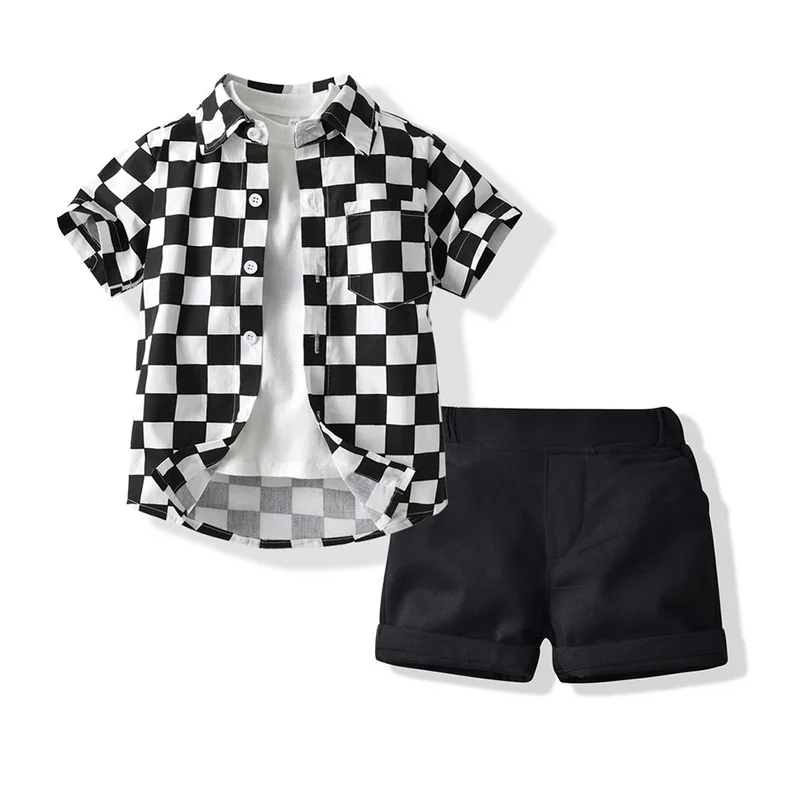 

Checked Boys Clothes Sets 3pcs In 1 Children Shirts + Tshirt + Shorts Toddler Baby Summer Outfits Kids Clothes
