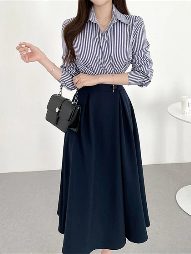 

Patchwork Dress For Women Long Sleeves Lapel Striped Midi Dresses Office Lady Trendy Clothing 2022 Spring Summer G691