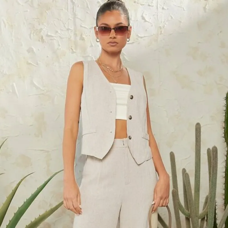 

Women's Vest Sleeveless V-Neck Linen Double Pockets Casual Commuter Simple Solid Color Jacket Tops Best Sellers 2023