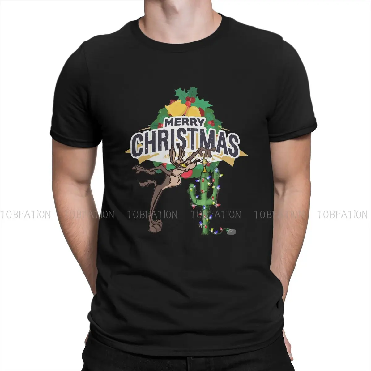 

Merry Christmas Roadrunner Wile E. Coyote Cartoons Tshirt Top Cotton Loose O-Neck Men's Clothes Harajuku Men T shirt