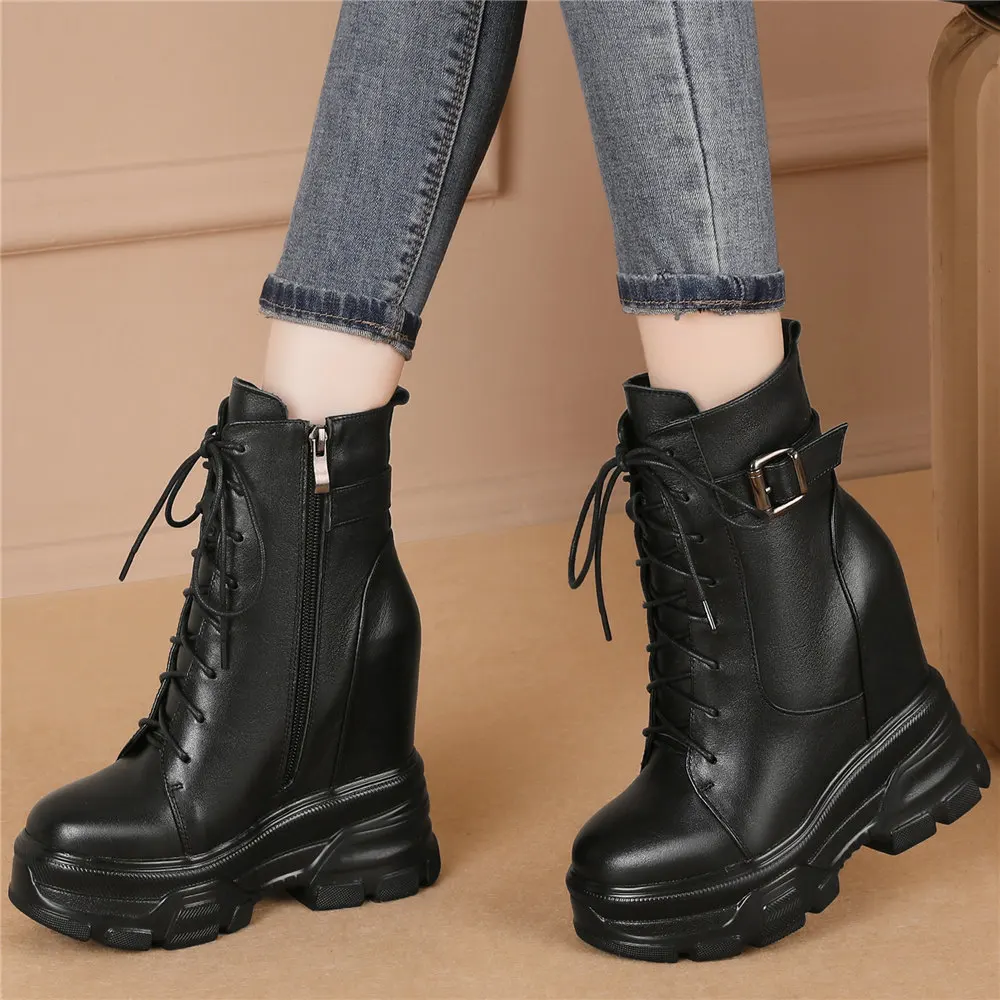 Platform Pumps Women Lace Up Genuine Leather Height Increasing Ankle Boots Female Winter High Top Fashion Sneakers Casual Shoes