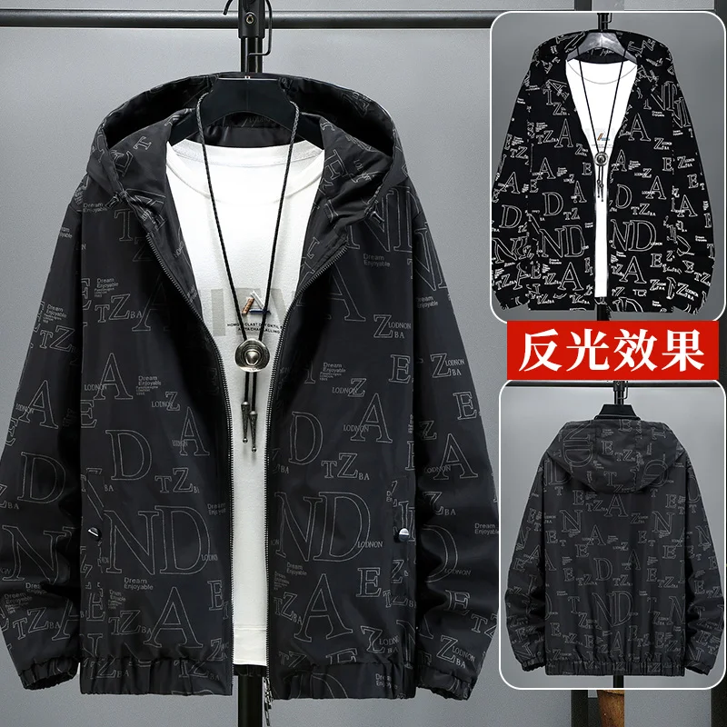 

spring Autumn Windbreaker Jackets Men Fashion Letter Reflective Design Jacket Mens Hooded Outdoor Outerwear Plus Size 9XL 10XL
