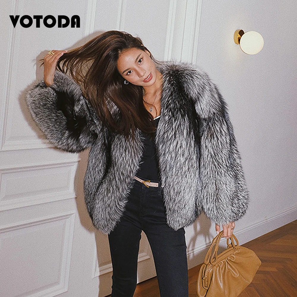 Winter Women Silver Fox Fur Coat High Quality Luxury Faux Fur Jacket Thicken Long Sleeve Fox Fur Overcoat Fluffy Furry Outerwear