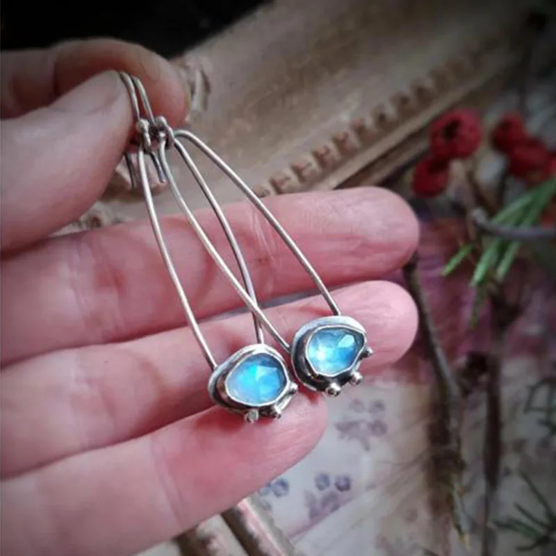 

1Pair Vintage Geometric Blue Stone Earring Creativity Water Drop Design Ancient Silver Plated Dangle Earrings For Women Jewelry