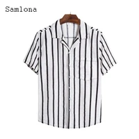 samlona plus size men short sleeve top sexy mens clothing 2022 single breasted shirt summer casual blouse fashion striped shirts