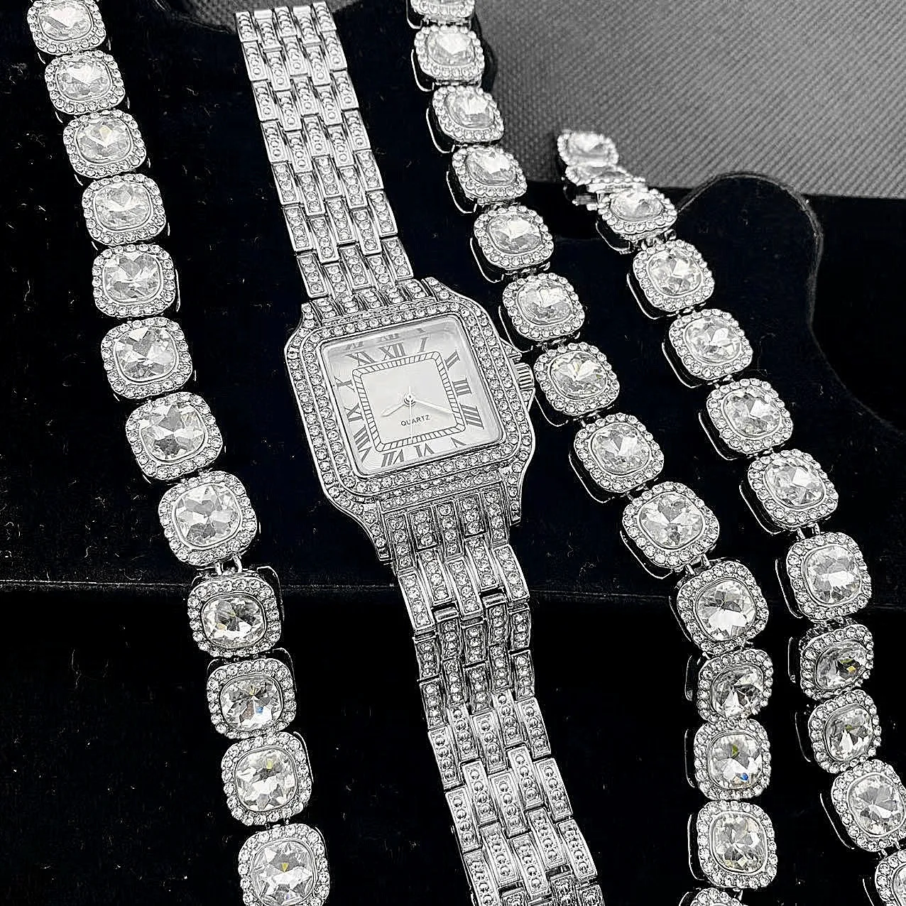 Luxury Iced Out Watches for Women Square Gold Watch Sliver Link Chains Bracelet Necklace Bling Jewelry Women Watch Set Relojes