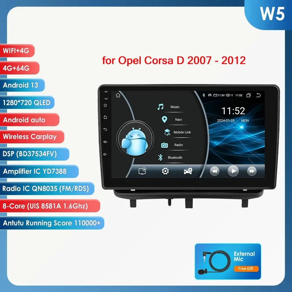 

Hizpo 2 Din Android 14 Автомобильный радиоприемник Мультимедийный видеоплеер для Opel Corsa D 2007-2012 Хэтчбек Ван Навигация GPS 4G Carplay Auto