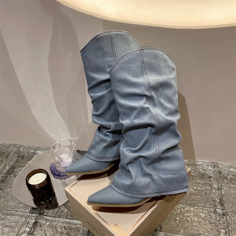 

Pointed Toe High Heel Trouser Tube Boots New Female Western Cowboy Knight Boots Denim Splicing Street Style Sewing Fashion Shoes