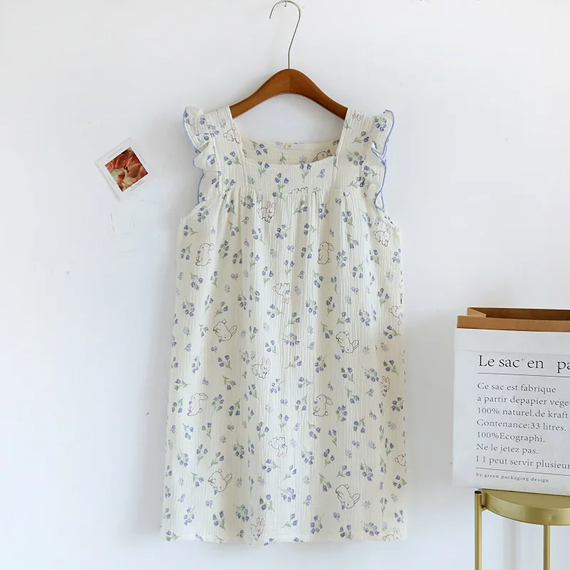 2023 Summer New Women's Sleeping Dress 100% Cotton Crepe Women's Tank Top Dress Cute Sweet Slim Slim Loose Size Home Dress