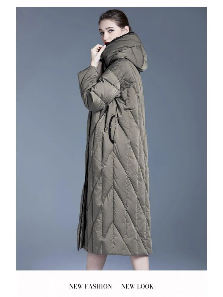 High End 2022 Winter Loose Comfortable X-Long Thickened Hooded 90 White Duck Down Coats Women Warmer Jackets