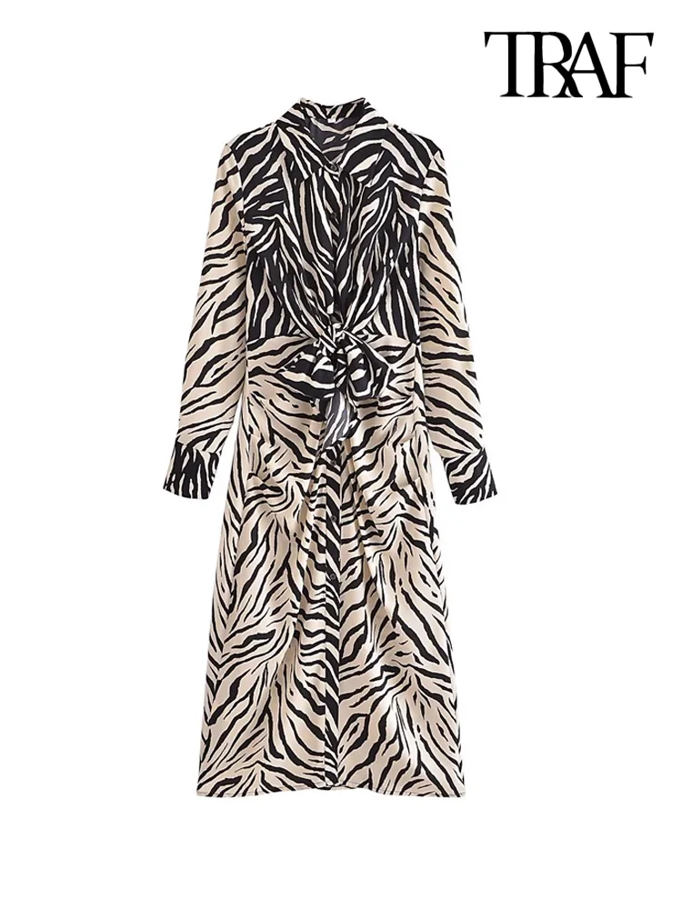 

TRAF Women Fashion Front Knot Animal Print Midi Dress Vintage Long Sleeve Button-up Female Dresses Vestidos Mujer