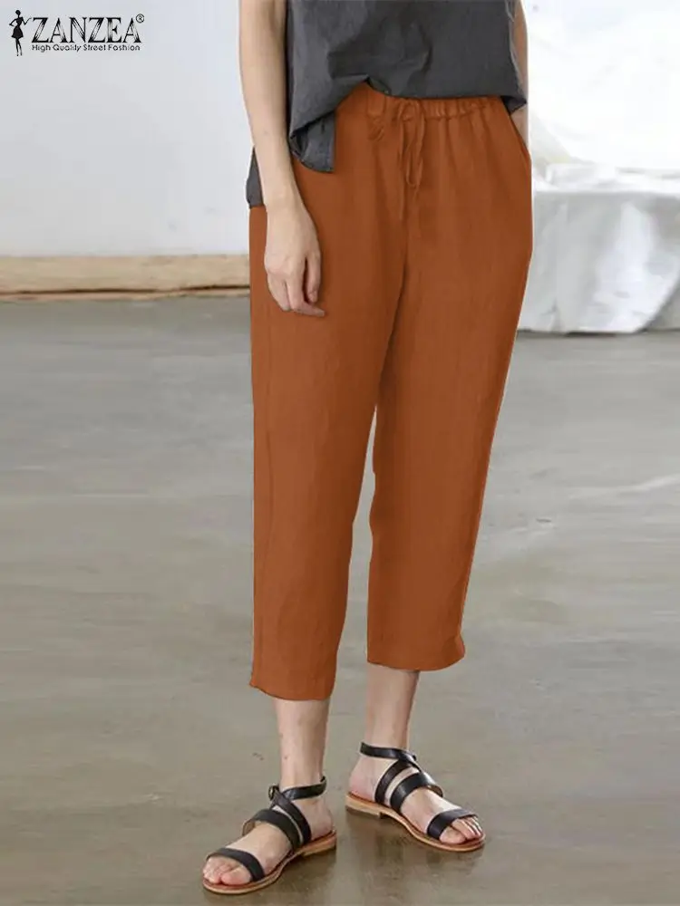 

Брюки ZANZEA женские с эластичным поясом, винтажные штаны в стиле оверсайз, однотонные брюки-султанки в стиле OL, женские брюки палаццо, на лето