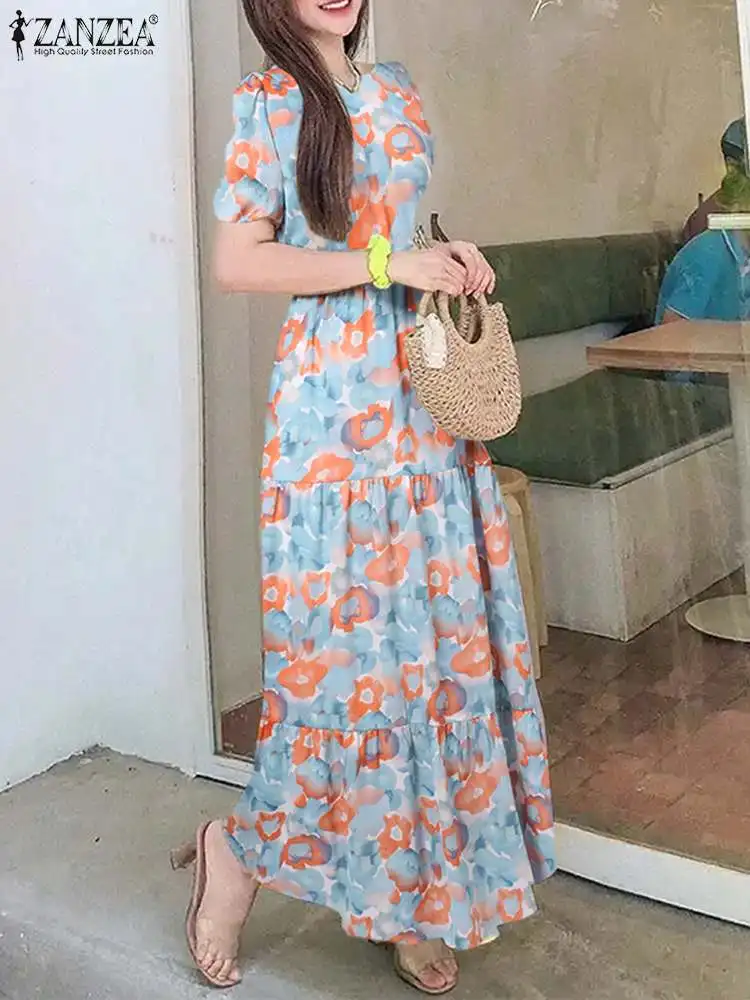

2023 Summer Maxi Dress ZANZEA Women Holiday Dress Casual Floral Print O Neck Short Sleeve Vestido Tie Waist Gathered Tiered Robe