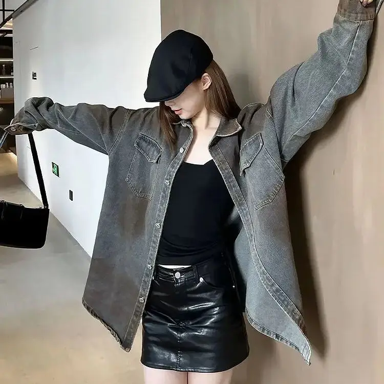 Американская ретро потертая джинсовая куртка женская весна осень новая струйная