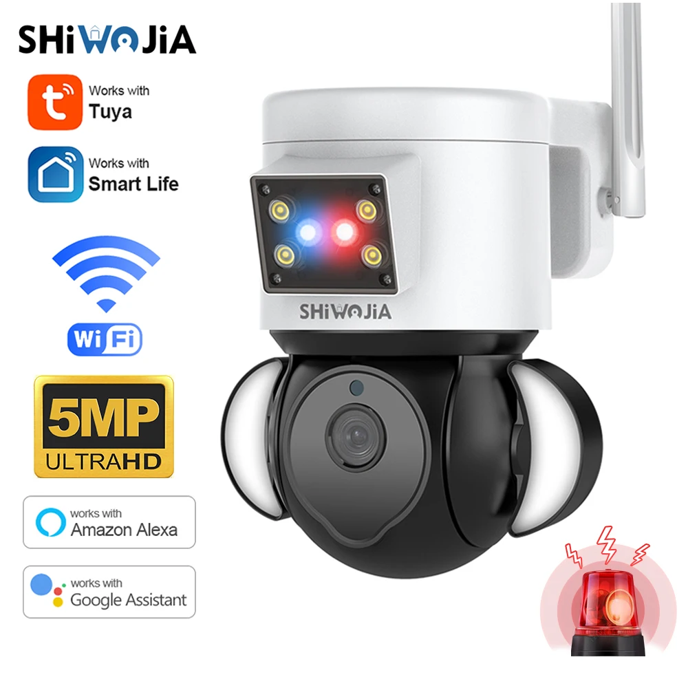 

SHIWOJIA WIFI 5MP Tuya Floodlight Courtyard Lighting Camera AI Mobile Detection Outdoor Security CCTV Camera With Google Alexa