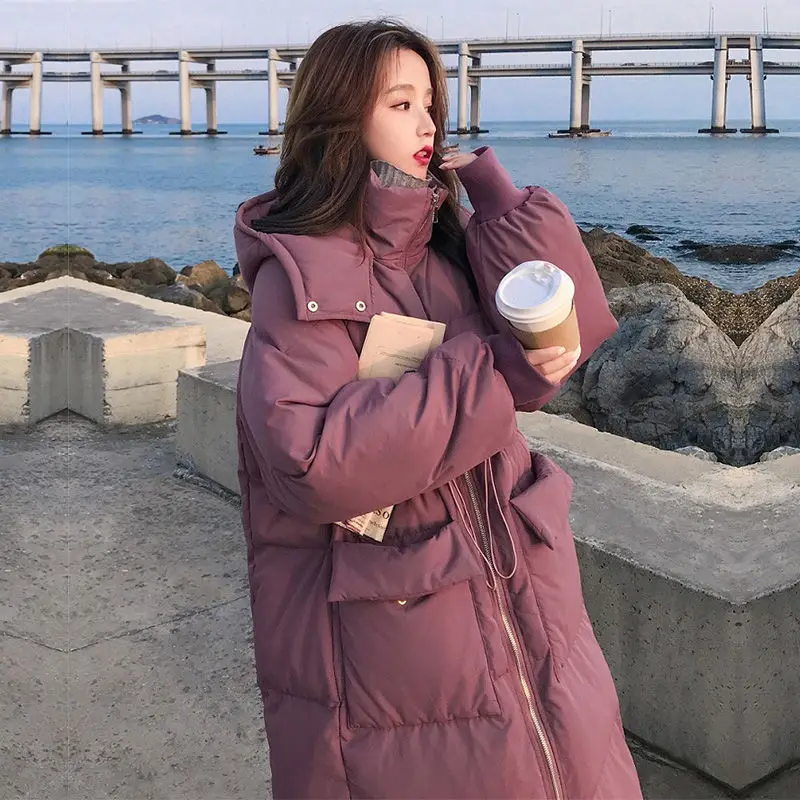 Long Down Cotton-padded Jacket Women 2023 New Korean Bread Coat Fashion Loose Thickened Cotton Coat Black Clothing Winter Purple