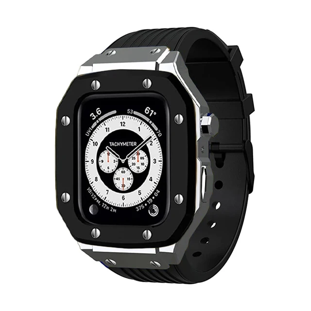 Mod Kit Stainless Steel Case+Strap For Apple Watch 6 5 4 SE 44MM Modification Alloy Frame Rubber Band For iWatch Series 8 7 45mm