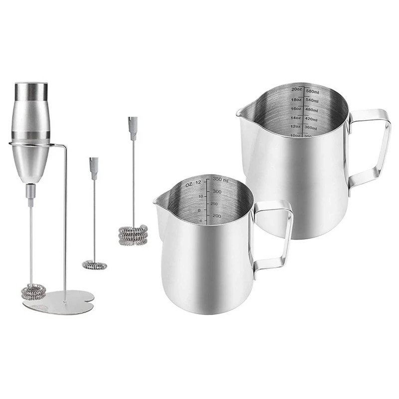 

2 Pcs 12Oz 20Oz Espresso Steaming Pitcher, Milk Frother Steamer Cup & 1 Set Handheld Milk Frother,Electric Milk Frother