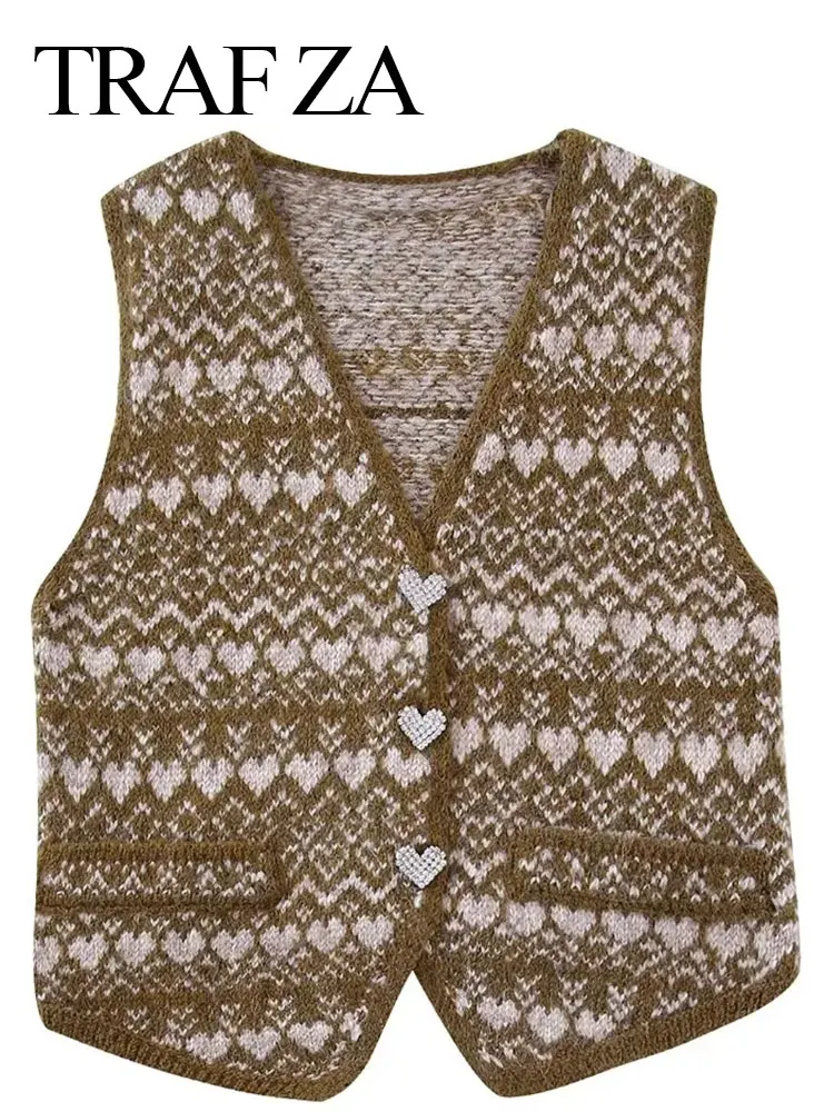 

TRAF ZA Women's Fashion Jewelry Button Jacquard Knit Sweater Vest V Neck Sleeveless Crop Tops Female Vintage Casual Waistcoat