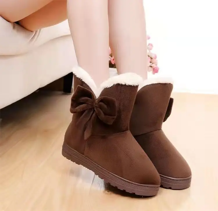 

Женские зимние ботинки, зимняя обувь, теплая Повседневная обувь на меху, женские ботильоны с бантиком, Нескользящие плюшевые замшевые ботин...
