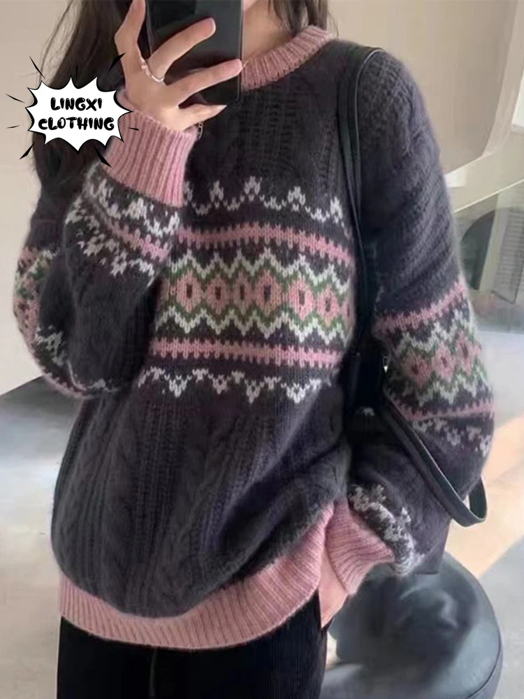 

2023 Autumn and Winter Korean Fashion Women's Pullover Vintage Elegant Diamond Checker Warm Contrast Knitted Sweater Jumper