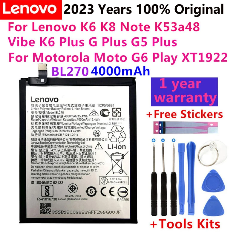 

100% Original For Lenovo K6 K8 Note K53a48 Vibe K6 G G5 Plus 4000mAh BL270 Battery For Motorola Moto G6 Play XT1922 Bateria