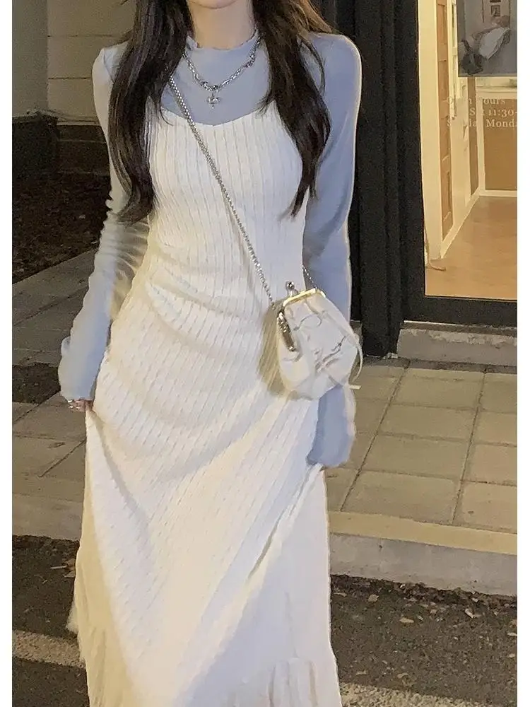 

Korean Suit Woman Elegant Strap Midi Dress Casual + Long Sleeve Basic Tops Slim Pure Color 2 Piece Dress Set Design 2023 Spring