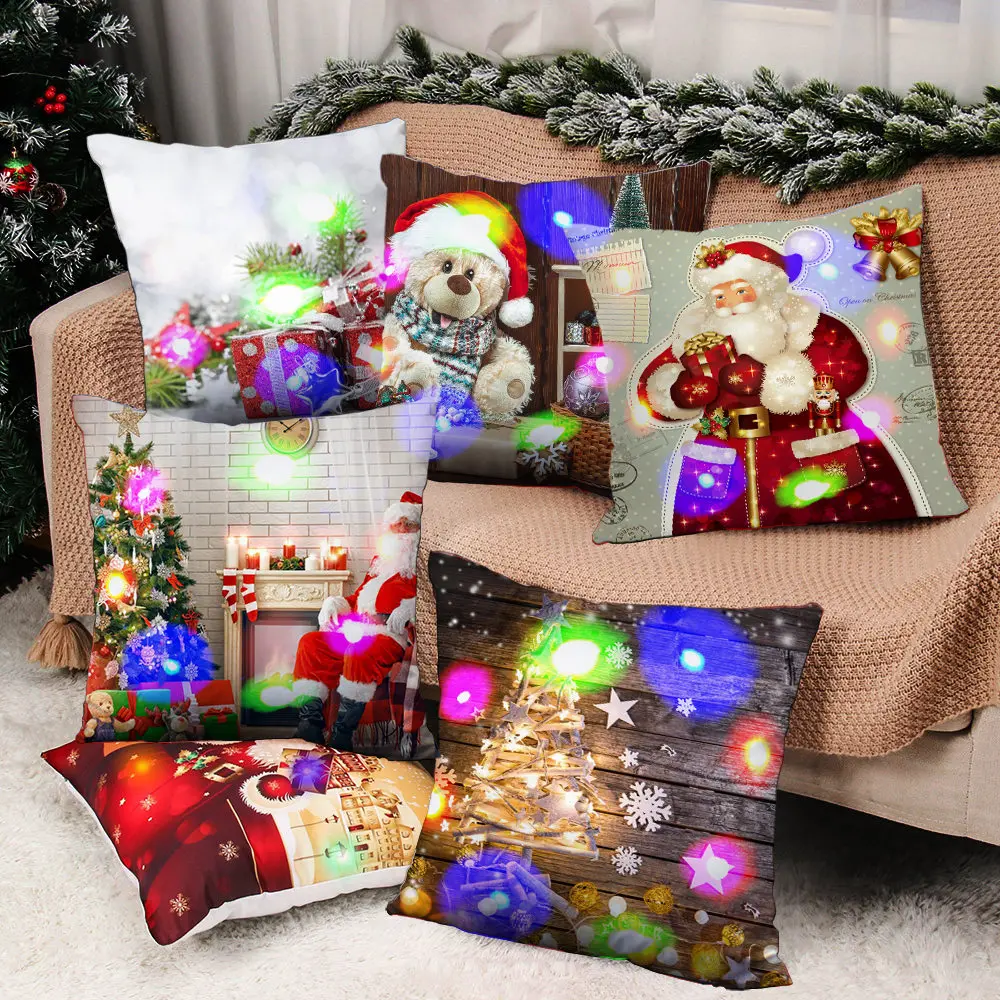 

Рождественская сказочная светодиодная наволочка из полиэстера, Короткие Плюшевые наволочки для подушек, олень, голубое небо, рождественские украшения, подарки, подушка