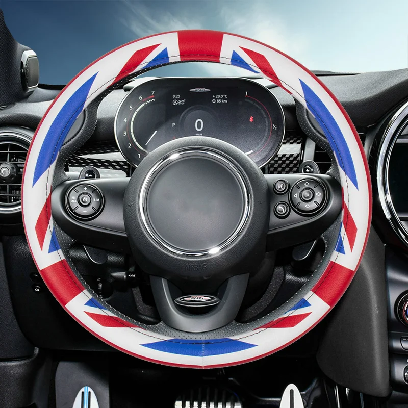 

Universal Union Jack 38CM PU Leather Car Steering Wheel Cover Decoration For All M Coope r 1S Club F 54 R 60 F 60 Country