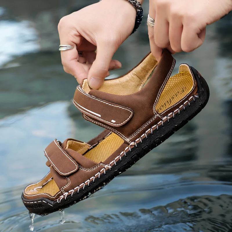 Summer Men's Gladiator Hiking Sandals Rome Outdoor Classic Leather Platform Fashion Non-slip Hiking Beach Shoes Size 38-48