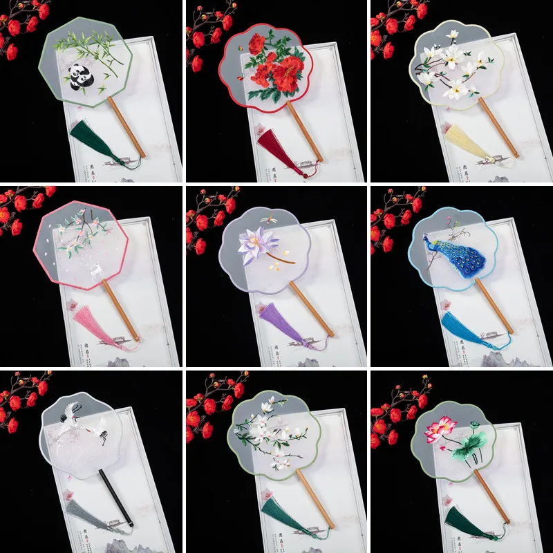 

Double-sided set of eight embroidered classical round fans Chinese Hanfu ancient style long-handled tasseled cheongsam fairy cra