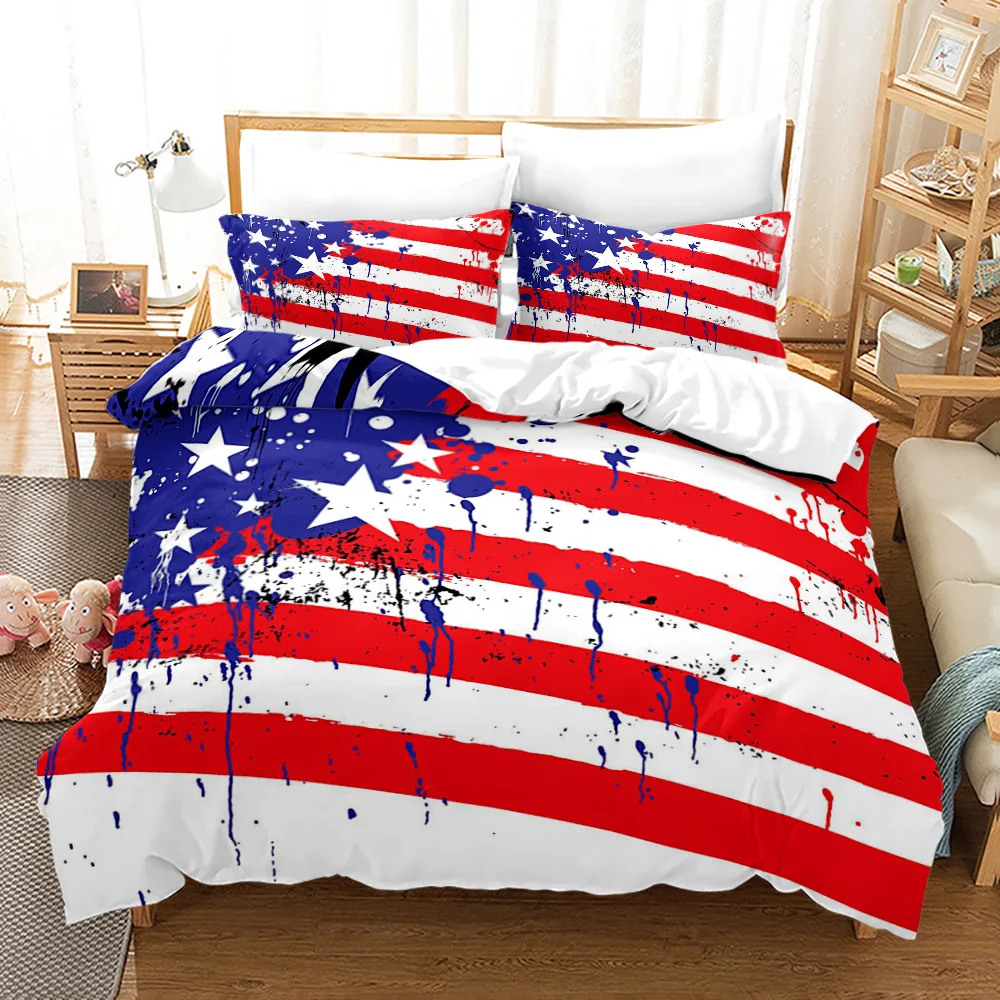 

American Flag Duvet Cover Set Red White Stripe Microfiber Decor Bedding Set Independence Day Freedom Theme Quilt Cover for Teens