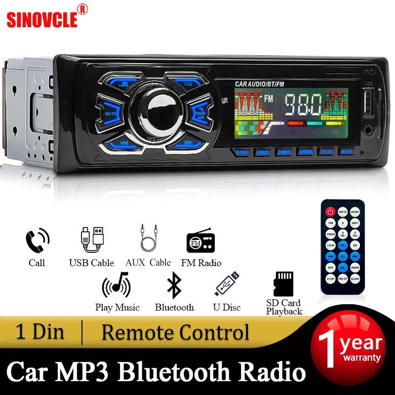 SINOVCLE Car Radio 1din Stereo Receiver Bluetooth Audio MP3 Player FM 12V ISO Port Remote Control AUX/USB/SD Card In Dash Kit |