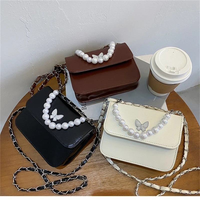 

Fashion Solid Color PU Shoulder Bags Women Pearl Butterfly Handbags Totes Female Casual Travel Crossbody Sling Pouch